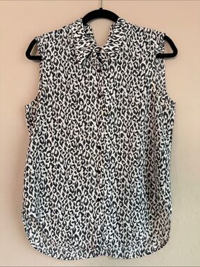 Theyskens' Theory Top Leopard Print Sleeveless Silk Crepe Black & White Sz M
